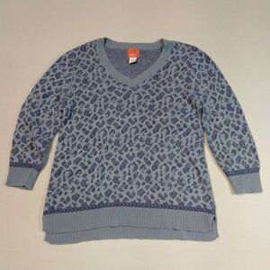 Hearts Of Palm Womens Leopard Print Sweater M Blue V-Neck Cotton Blend Knit